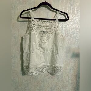 Beyond The Radar Crochet-Trim White Camisole Tank Top, Boho, Cottagecore, Cotton